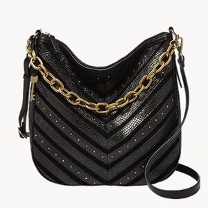 Fossil - Snakeskin Print Chevron Crossbody Hobo Bag With Gold Tone Studs & Chain